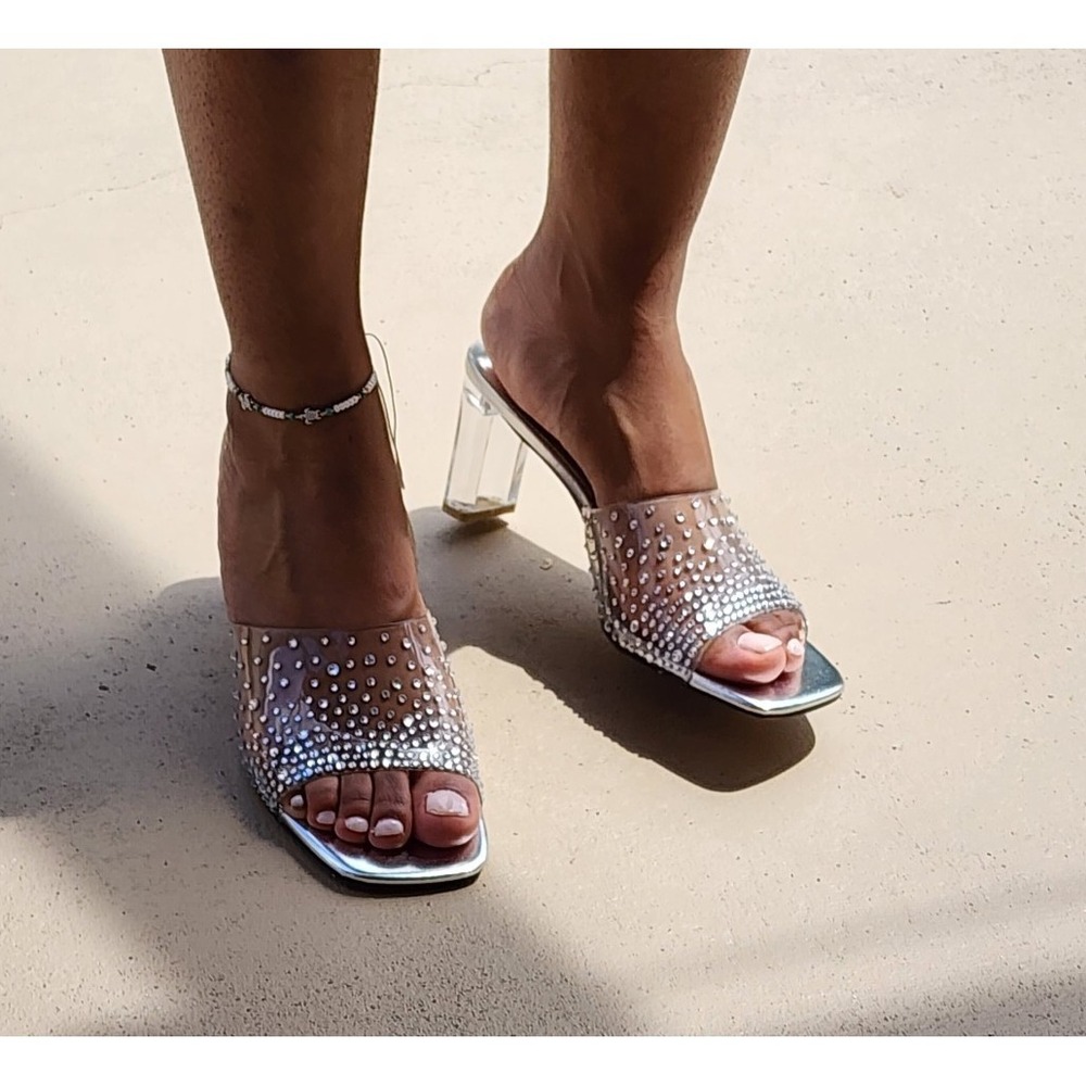 Women's Silver Square Toe Casual Slip On Jeweled Jelly Strap Heel Sandals Size 9